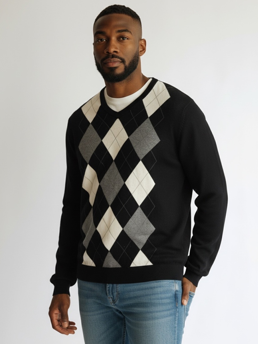 Sebastian Cooper Gray & White Argyle Sweater Cotton & Cashmere Size 2X Tall